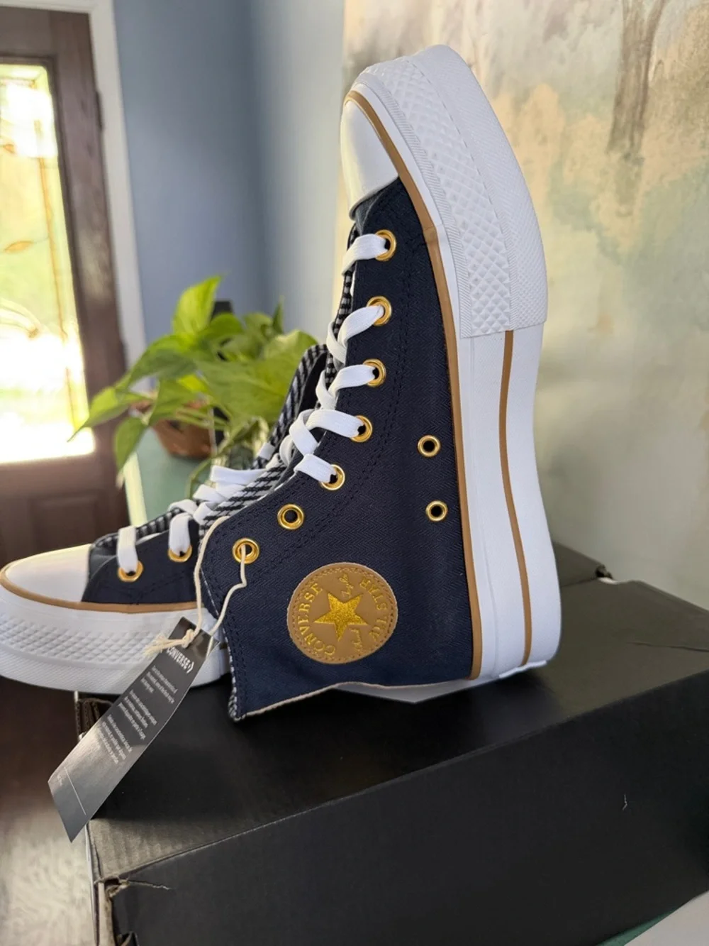 Converse High Top Sneakers - Navy with Gold Details - Picture 3 of 9